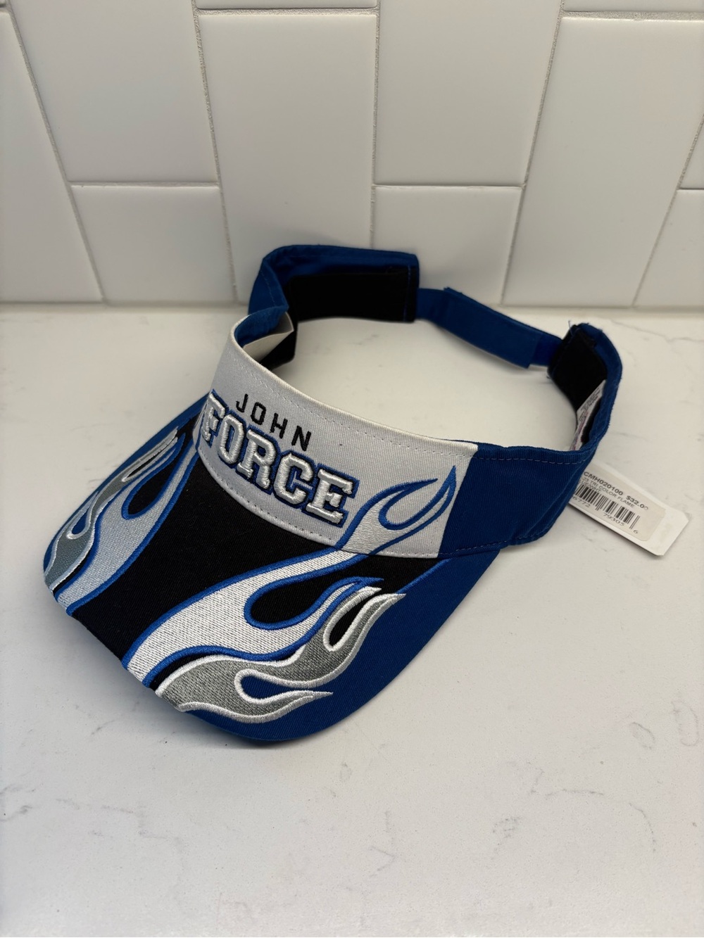 NWT NHRA John Force Racing Flame Sun Visor Hat Adjustable Blue Black Silver